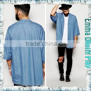 Light Blue Men Fashion Trend Chic Designer Short Sleeves Denim Long Jackets Coats thumbnail-3