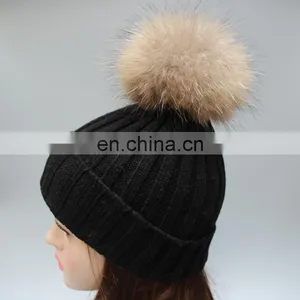 Wholesale Mens Knitted Plain Beanie Hat With Fur Pom Pom thumbnail-3