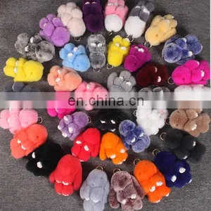 100% Real Wholesale Bunny Keychain Rex Rabbit Fur Pom Pom Keychain thumbnail-1
