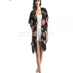 Floral Printed Fringing Hem Open Casual Chiffon Dress thumbnail-1