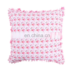 Waterproof Outdoor Use Flamingos Floral Designed Style Printed 100% Polyester Decorative Cushion With Tassels Pompoms thumbnail-7