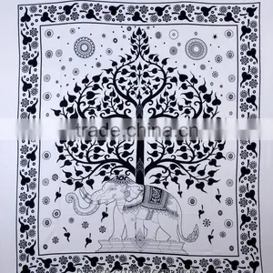 Indian Tapestry Cotton Bedding Bedsheet White Tree Elephant Print Wall Hanging Tapestries Throw Mandala Print thumbnail-2
