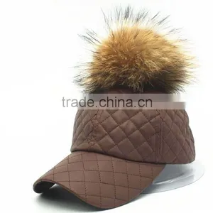 Fashion Plaid Sport Hat With Real Raccoon Fur Balls PU Leather Snapback Baseball Caps With Animal Fur Pompoms thumbnail-1