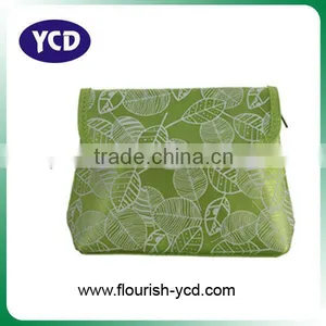 Green Satin Cosmetic Bag With Printed Leaves thumbnail-1
