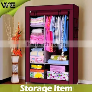 Perfect Design Wine Red Color Bear Heavy Items Steel Wardrobe With Non Woven,2 Side Pockets Bedroom Assemble Fabric Wardrobe thumbnail-1