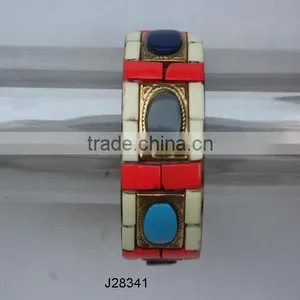 Bone and Brass Mosaic Bracelet on Brass Base With Stone in Centre thumbnail-1