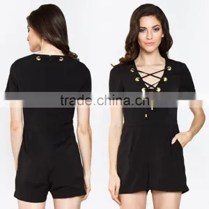 Made in China CUSTOM Wholesale Ladies Clothing Latest Design Fashion Women Black Short Sleeve Romper With Lace up Detail thumbnail-1