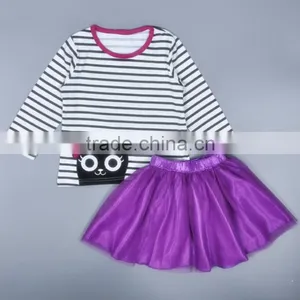 Cartoon Kitty Stripe Long Sleeve T-shirt and Short Skirt 2 Piece Set for 2-6 Years thumbnail-1