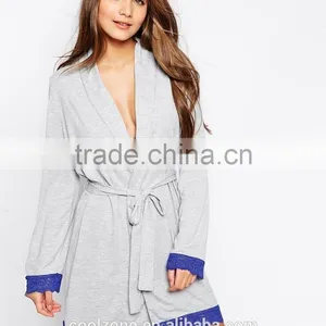 Open Front Design Lightweight Bath Robe,women Lace Trim Robe With Self-tie Belt thumbnail-2