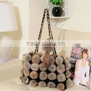 Korean Style Woman Rabbit Fur Ball Hand Bag Contrast Color Female Chian Bag thumbnail-5