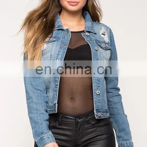 Wholesale Ripped Denim Jackets Light Wash Blue Distressed Denim Jacket thumbnail-4