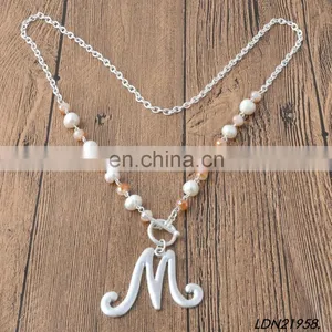 New Fashion Initial Letter Silver Pendant Necklace Pearl Glass Stone Beaded Necklace Jewelry thumbnail-2