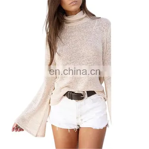 Women Sexy Trumpet Sleeve Turtleneck Knitted Ladies Tops Latest Design T-Shirt thumbnail-1