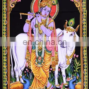 Indian Latest Poster Throw Cotton Wall Decor Lord Krishna Home Decor Poster Meditation Wall Hanging Tapestry 45X30 Inch thumbnail-2