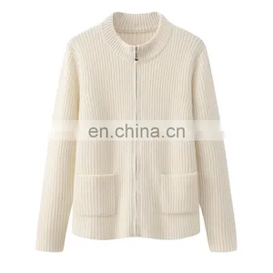 Custom Women's Solid Color Winter Cardigan Knitted Stand Collar Casual Zipper Sweater With Pockets Decoration Made From Cashmere thumbnail-1
