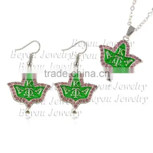 Alpha Kap Alpha Sorority Pink Green Ivy AKA Shinny Rhinestone Neckalce Earring Jewelry Set thumbnail-1