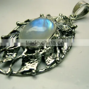 Rainbow Moonstone Oval Cabochon Oxidised Gemstone Pendant, 925 Solid Sterling Silver Pendants, Designer Casting Bezel Pendant thumbnail-2