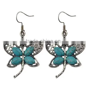 Bohemian Vintage Silver Plated Crystal Butterfly Pendant Turquoise Earrings thumbnail-1