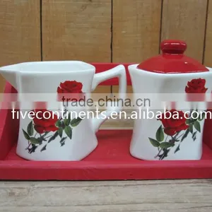 Rose Decal Ceramic Sugar and Creamer Set in Wooden Stand thumbnail-1