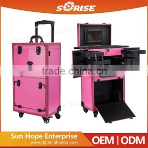 Guangzhou Wholesale Pink Pvc Rolling Cosmetic Train Case thumbnail-3