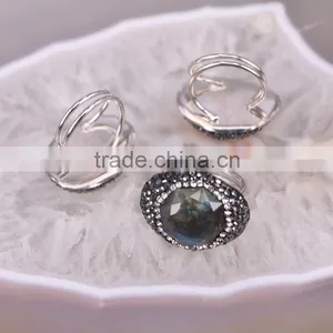 Natural Labradorite Ring, Metal Plated Silver Ring, Pave Setting Crystal Jewelry Finger Druzy Gem Stone Ring thumbnail-2
