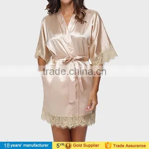 Sexy Women Plus Size Lace Knee Length Lingerie Bathrobe Silk Satin Kimono Bride Bridesmaids Robes for Wedding Party 2017 thumbnail-3