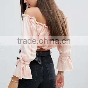 Sexy Blouse Designs Pale Pink Tie Dye Print Off-shoulder Women Tops Blouse thumbnail-3