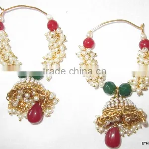 Red Green Pearl Hoop Bollywood Gold Tone Dangler Jhumka EARRINGS thumbnail-1