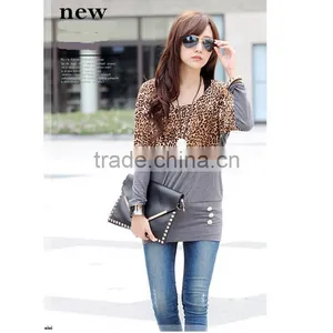 Spring Free Size New Design Korean Style Fashion Cotton Leopard Stitching Long Sleeve Apparel t Shirt thumbnail-5