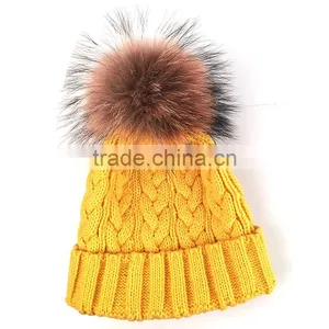Myfur New Color Yellow Adults Large Raccoon Fur Ball Winter Knit Hat thumbnail-2