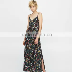 Spaghetti Strap and V-neck Ladies Hem Split Sleeveless Maxi Dress thumbnail-5