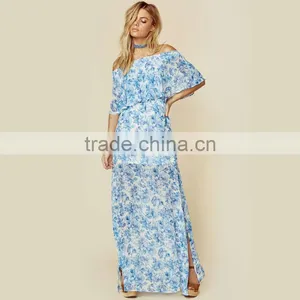 Peony Blue Floral Mumu Dresses 2018 Womans off Shoulder Maxi Dress thumbnail-2