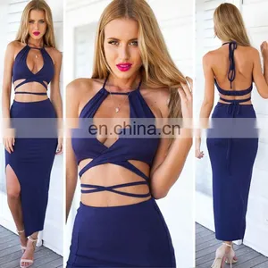 Plunging Halter Sexy Two Piece Navy Blue Bodycon Dress thumbnail-1