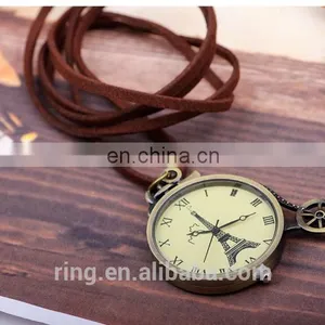 Vintage Eiffel Tower Logo Bronze Pocket Watch With Leather Chain thumbnail-2
