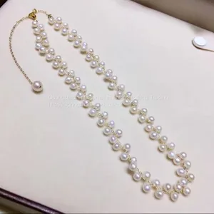 Wholesale Handmade Pearl Necklace 14K Gold 3-4mm Natural Freshwater Pearl Necklace Bracelet Jewelry Sets thumbnail-2