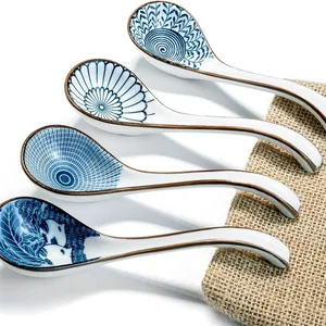 Ceramic Soup Spoon With Long Handle Easy to Hold, Non-slip Bottom, for Japanese Ramen, Chinese and Vietnamese Wonton, Noodle Soup Spoons thumbnail-1