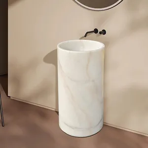 Factory Production Luxury Marble Colored Sink Round Shape Modern Stand Single Bathroom Pedestal Basin Pedestal Sink Polished thumbnail-5