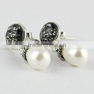 Most Clever Black Rutile & Pearl 925 Sterling Silver Earring, Gemstone Silver Jewelry, Handmade Silver Jewelry thumbnail-4