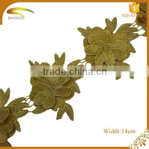 Cheap Polyester Material and Embroidered Technics Gold Metallic Bridal Lace Trim thumbnail-2