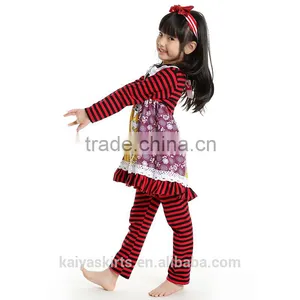 2016 Christmas Kaiya Fall Red and Black Stripe Cotton Top Dress and Pant Long Sleeve Little Girls Boutique Remake Clothing Sets thumbnail-6