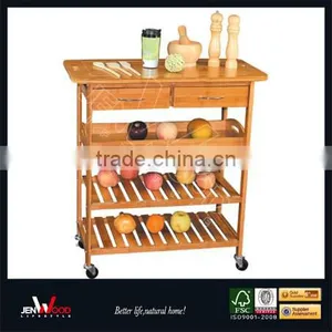 Natural Finish E1 MDF With Double Drawers Wooden Kitchen Vegetable Cart thumbnail-1