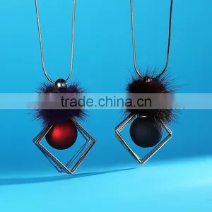 Chunky Ball Metal Square Pendant Necklace Winter Mink Fur Ball Pendant Necklace Geometric Sweater Necklace thumbnail-1
