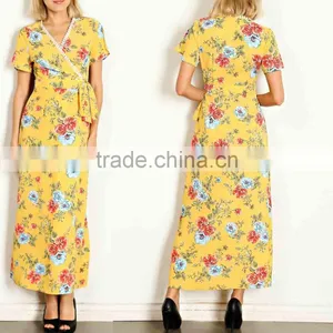 Kaftan Dress Beach Wear Women 95% POLYESTER 5% SPANDEX FLORAL PRINT SURPLICE RIBBON TIE MAXI DRESS Evening Gowns Long thumbnail-1