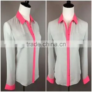 Latest Womens Gray/Pink Chiffon Button-Down Dress Shirt OL Career Blouse thumbnail-1