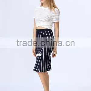 2016 New Arrival White & Black Stripe Knited Crop and Skirt Co-ord Set thumbnail-3
