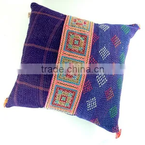 Pair of Purple Kantha Quilt Cushion Covers With Hmong Detail, Kantha Cushions, Kantha Pillow Case, Ooak thumbnail-1