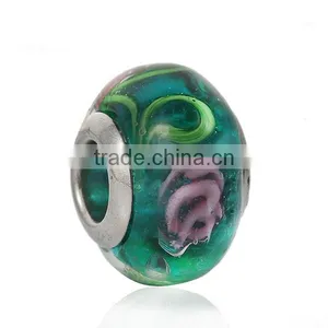 Lampwork Glass European Style Large Hole Beads Round Green Transparent Pink Flower With 304 Stainless Steel Silver Tone Core thumbnail-1