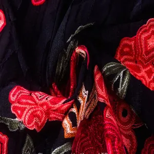 Chinese Red Rose Velvet Satin Embroidery Lace Fabric for Wedding Dress thumbnail-3