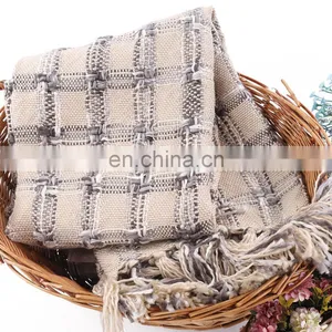 100%Acrylic Thick Beige Woven Check Pattern South Korean Style Blanket thumbnail-5