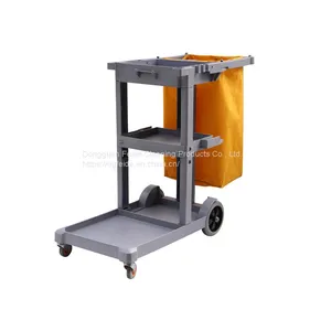 Large Size 3 Shelf Utility Cart With Wheels-Round Pillar Commercial Janitorial Cart With Cover thumbnail-3